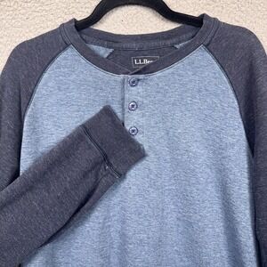 LL Bean Shirt Mens L Blue Raglan Henley Outdoor Rugged Slightly Fitted Heritage